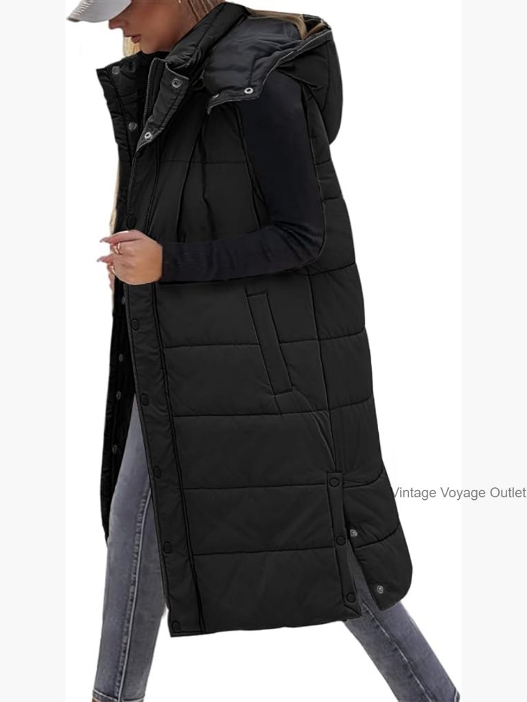 Long Puffer Vest Sleeveless Jacket Quilted Warm Gilet With Removable Hood